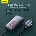 Baseus Share Together 3 USB + 1 USB-C Billaddare, 3A, 1.5m - Grå
