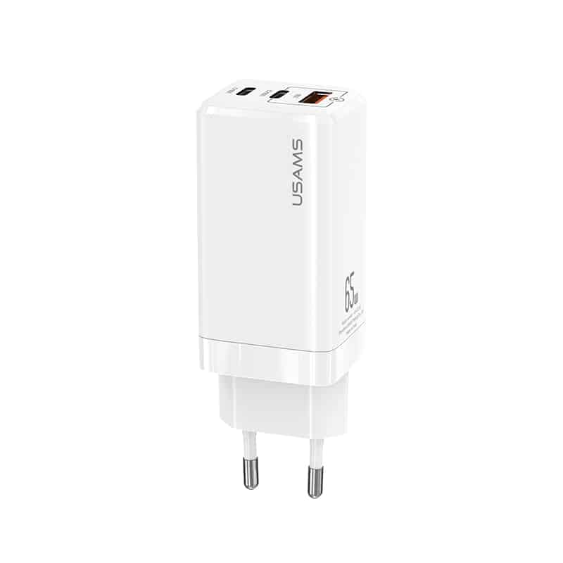 Usams GaN Mini Snabbladdare 65W, 2x USB-C + 1x USB-A - Vit
