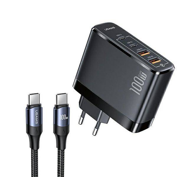 Usams US-UC GaN Snabbladdare 100W + 1.2m USB C-kabel, 2x USB-C + 2x USB-A, Kit
